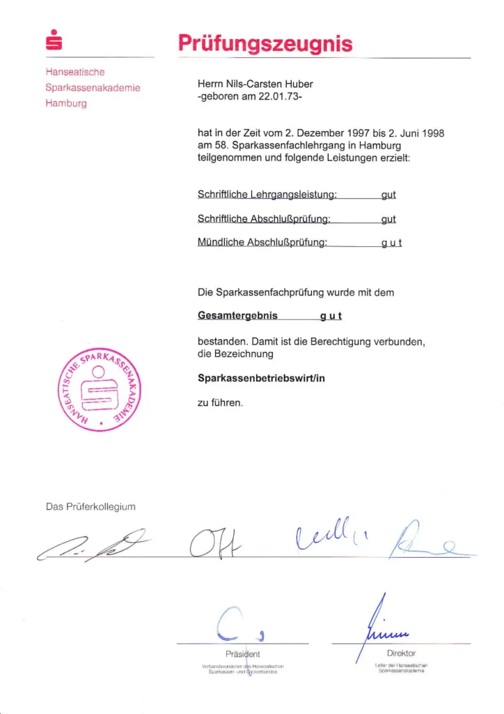 Prüfungszeugnis Sparkassenbetriebswirt Nils-C. Huber