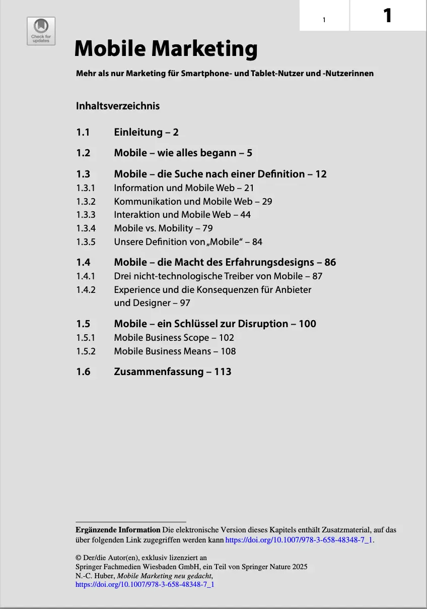 Abbildung der ersten Seite des Kapitels 1: Mobile Marketing. Es zeigt die Kapitelstruktur des ersten Kapitels.