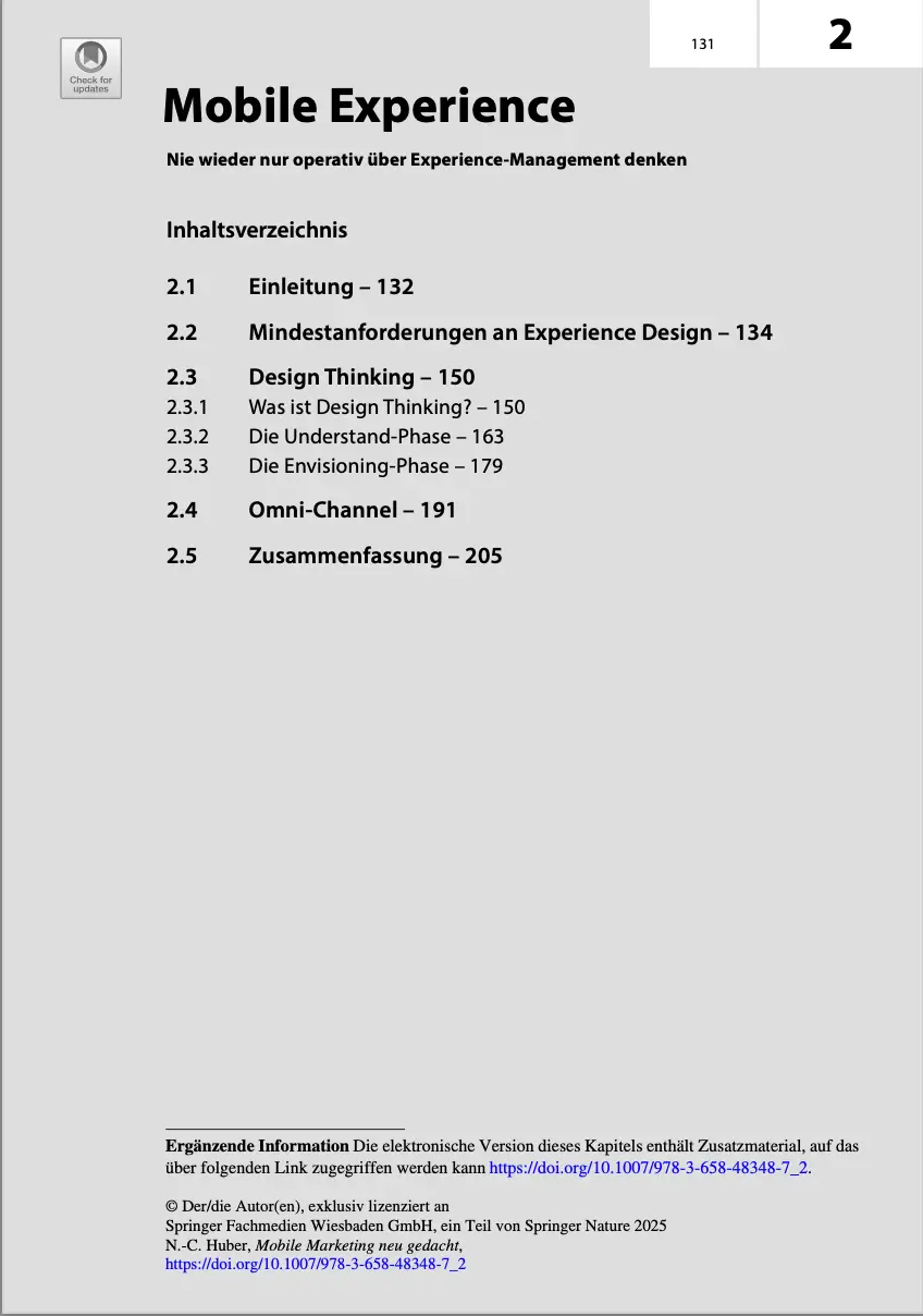 Abbildung der ersten Seite des Kapitels 2: MobileExperience. Es zeigt die Kapitelstruktur des zweiten Kapitels.