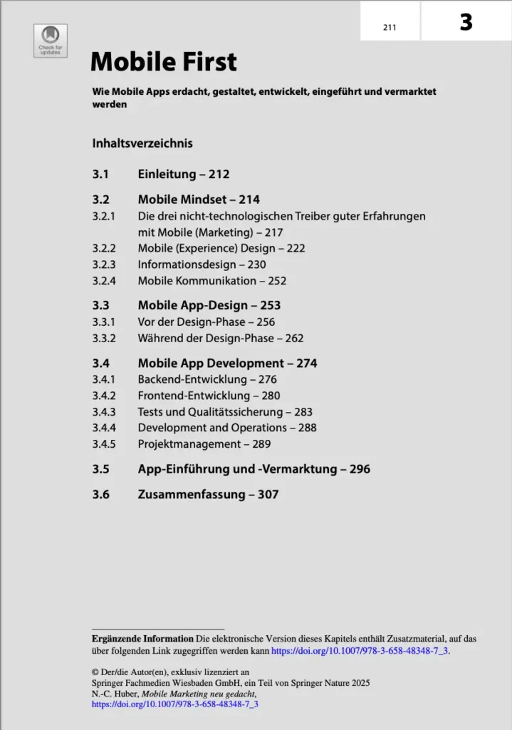 Abbildung der ersten Seite des Kapitels 3: Mobile First. Es zeigt die Kapitelstruktur des dritten Kapitels.