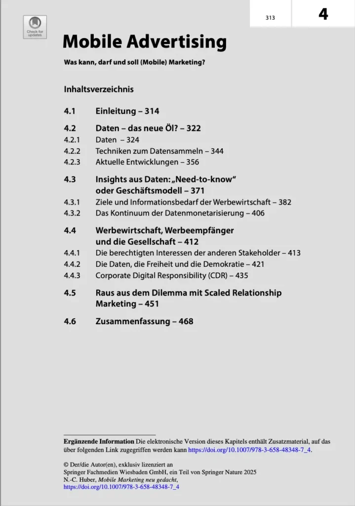 Abbildung der ersten Seite des Kapitels 4: Mobile Advertising. Es zeigt die Kapitelstruktur des vierten Kapitels.