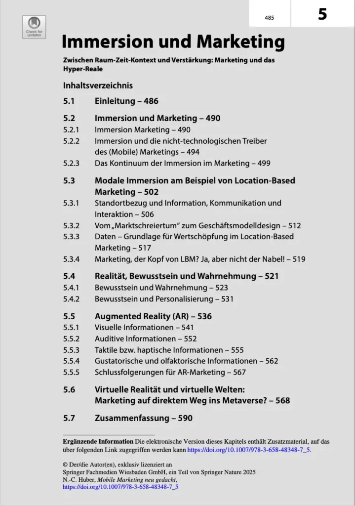 Abbildung der ersten Seite des Kapitels 5: Immersion und Marketing. Es zeigt die Kapitelstruktur des fünften Kapitels.